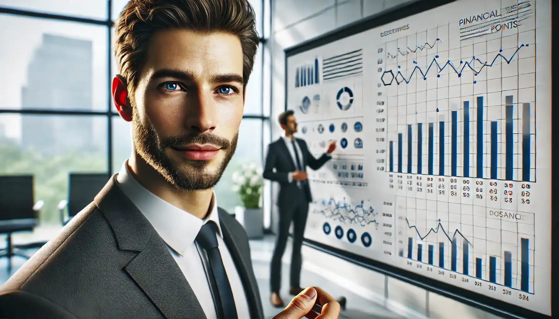 close-up image of a businessman. The whiteboard behind him displays clear graphs and analytical visuals and a blurred man presenting these data. 