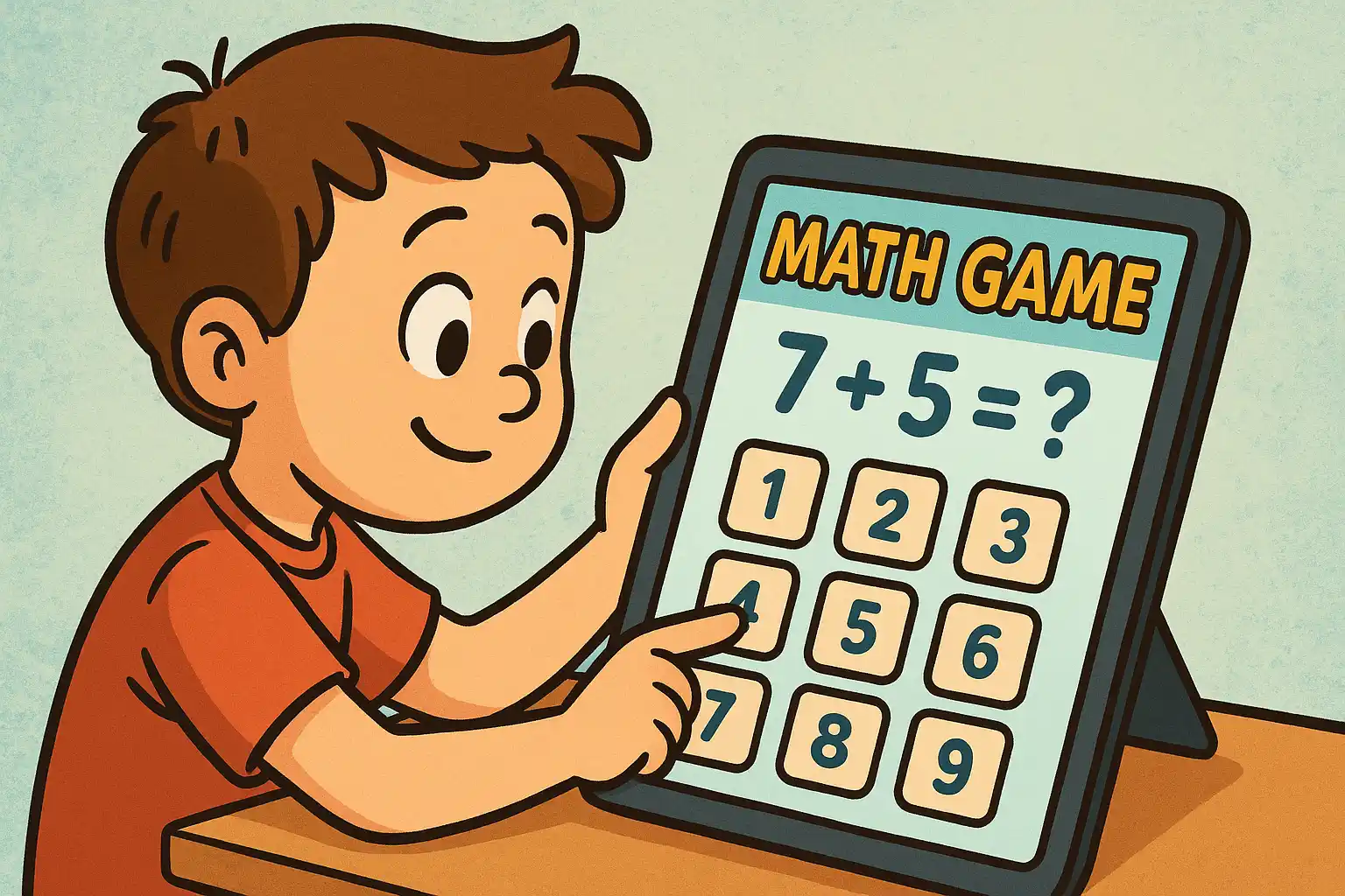 A child playing a math game on a tablet.