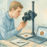 A museum worker adjusts a camera to take a photo of a rare old coin.