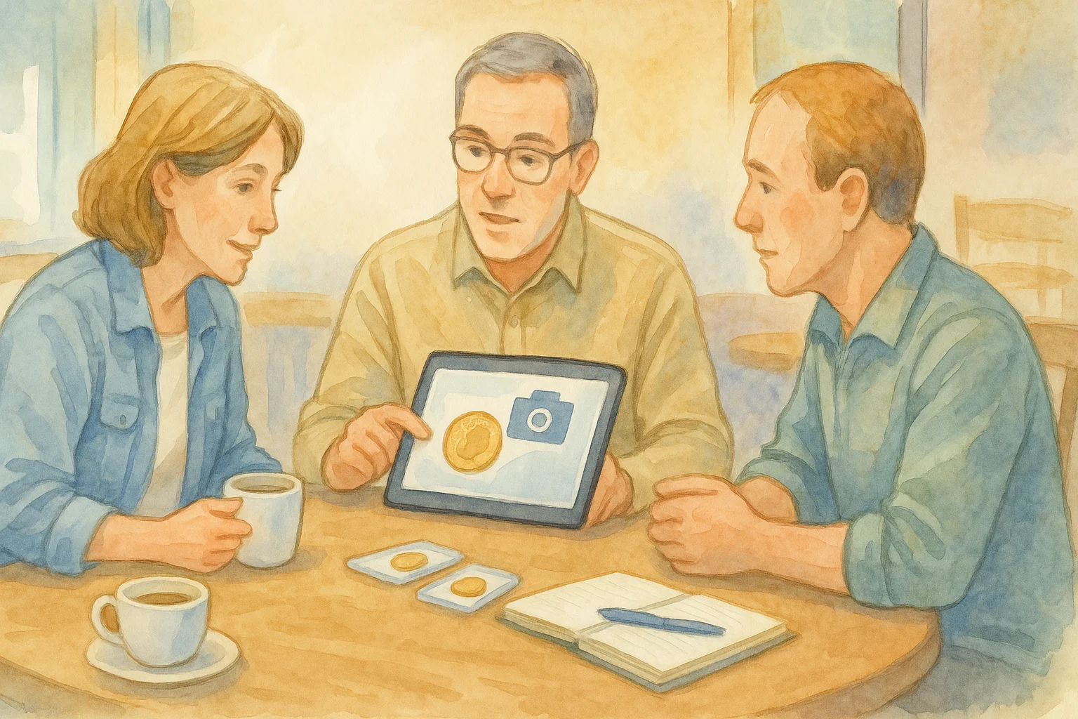 A company of coin collectors discuss the displayed photo of a coin.