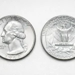 Obverse and reverse of a 1944 Washington quarter placed side by side.