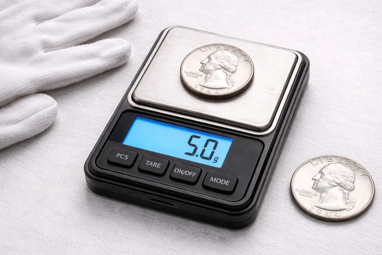 1944 Washington quarter on a digital scale showing 5.0 grams, with white gloves and another coin nearby.